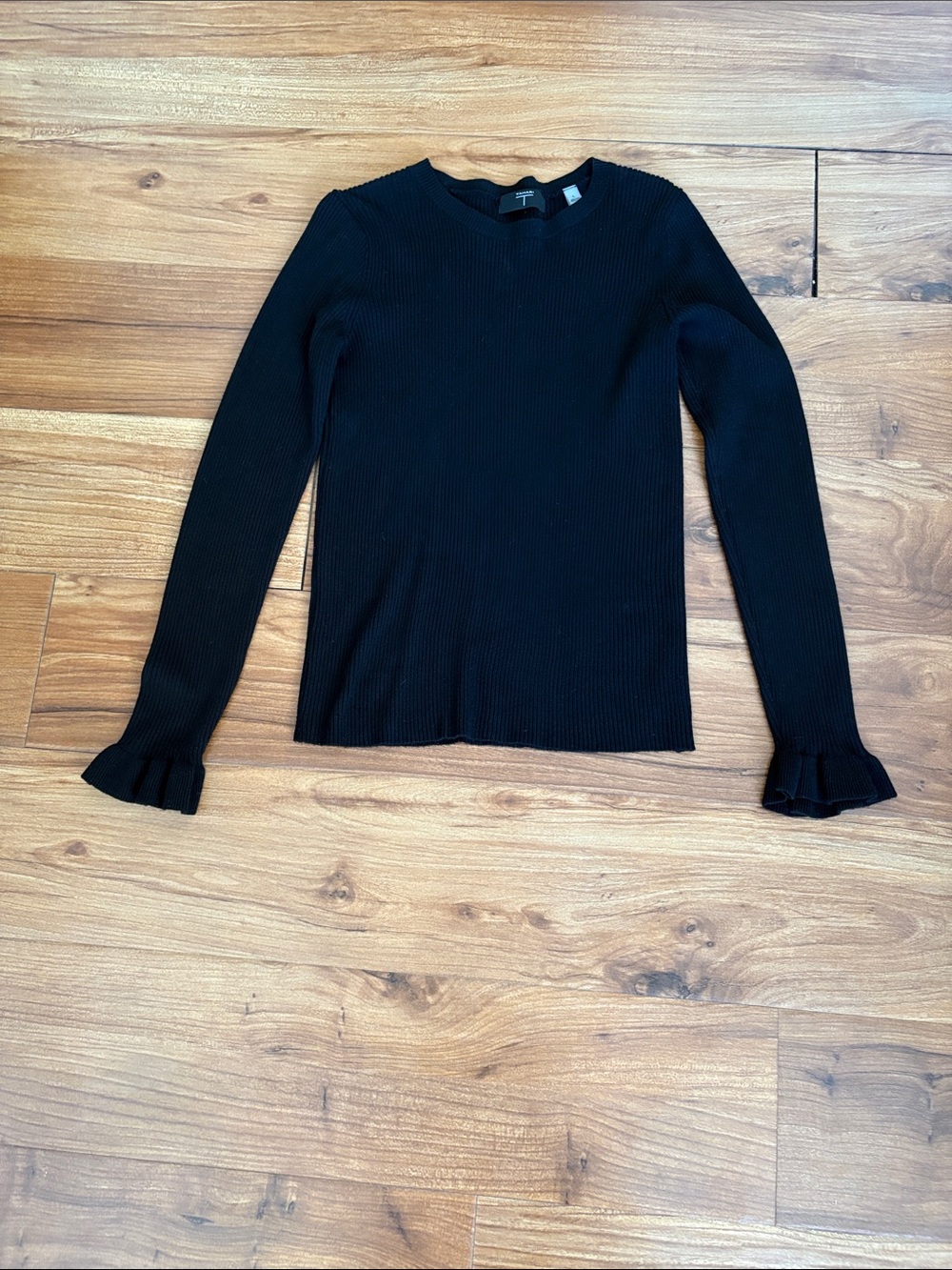Tahari Black Ribbed Crewneck Sweater with Ruffle Cuffs
